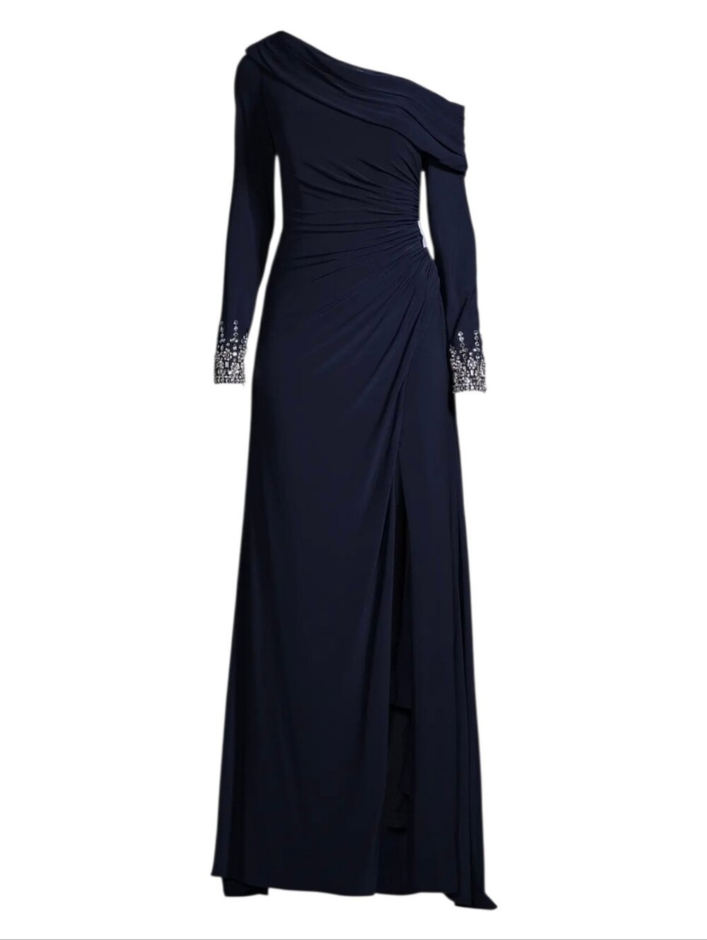 Mac Duggal 12231 Navy Beaded Cuff Drop Shoulder Wrap Gown NEW